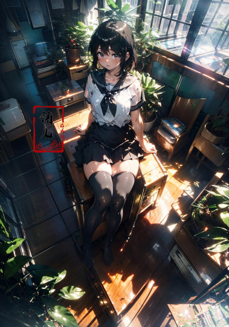 606247209521969383-571521376-Epic CG masterpiece, an anime girl in a room with plants, no shoes, Black transparent pantyhose, pleated skirt, Sailor suit, sai.jpg